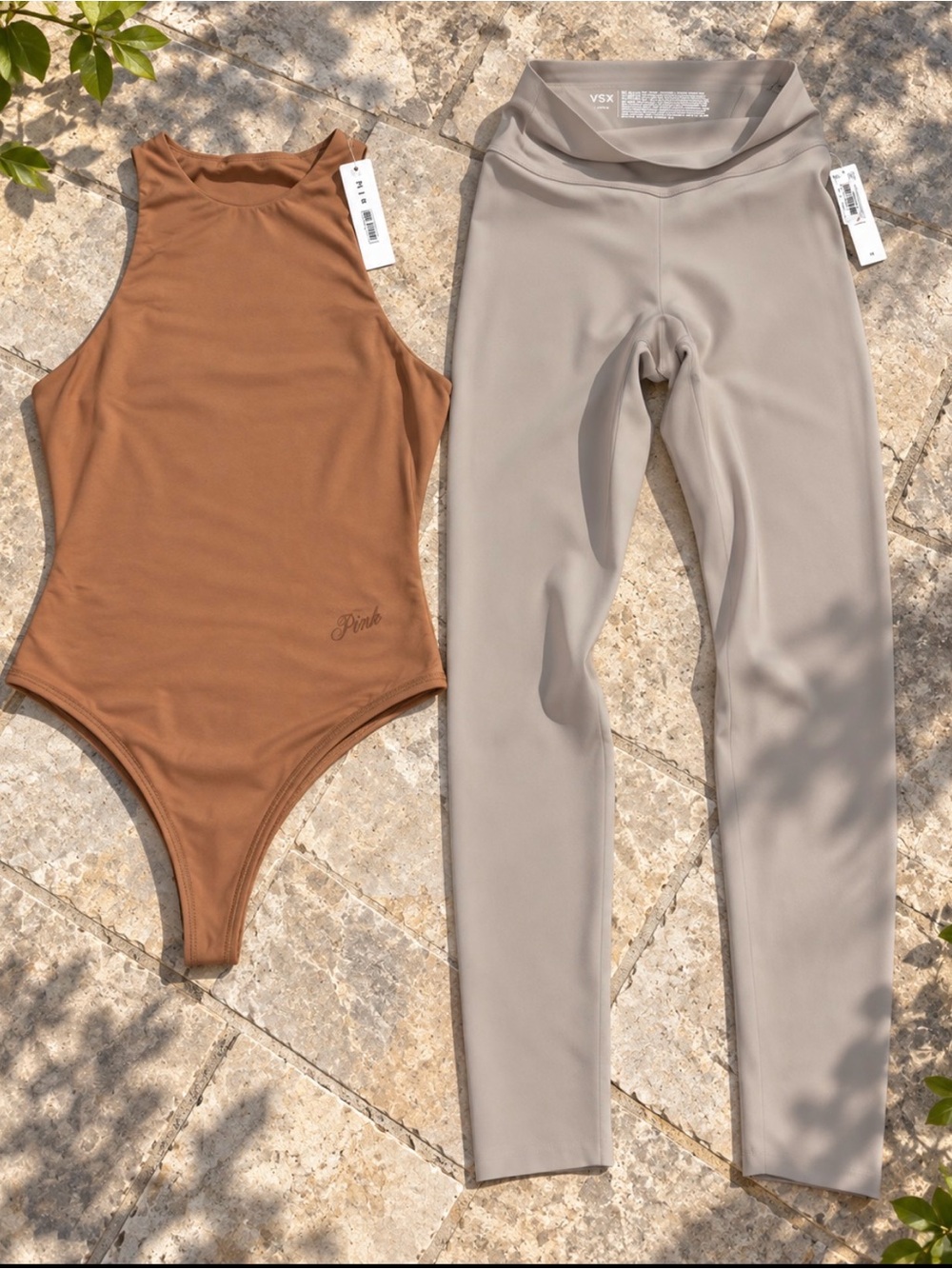 VSX Taupe High-Waist Leggings with Brown Tank Bodysuit